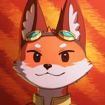 Anthropomorphic fox furry wearing goggles, smiling in a stylized forum avatar/pfp with a warm orange textured background.
