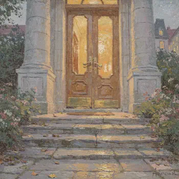 Forum avatar/pfp: painted entrance featuring glowing wooden double doors, stone steps and columns, framed by soft foliage and evening light.