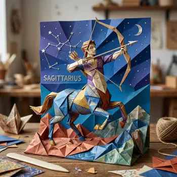 Origami-style Sagittarius centaur archer under a starry sky with the Sagittarius constellation and crescent moon, folded paper pop-up scene on a desk, shown as a forum avatar/pfp.