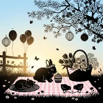 Cute spring forum avatar/pfp: silhouetted bunnies, birds, flowers and a picnic basket on a pink gingham blanket with balloons at sunrise.