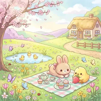 Cute spring forum avatar/pfp — pastel illustration of a bunny and chick sharing a picnic in a flowered meadow under cherry blossoms, with a pond, ducklings and a cozy cottage nearby.