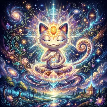 Glowing meditative Meowth (Pokémon) as a cosmic forum avatar/pfp — seated on a luminous lotus amid swirling galaxies and ornate floral patterns.