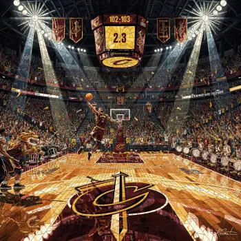 Forum profile avatar of a stylized Cleveland Cavaliers arena: player dunking toward center-court Cavs logo, packed crowd, scoreboard showing 2.3s and 102–103.