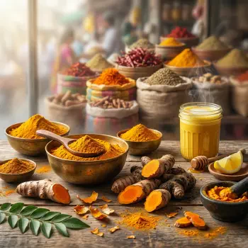 Forum avatar showing turmeric: bowls of ground turmeric, fresh sliced roots, a turmeric latte and sacks of spices blurred in a market background.
