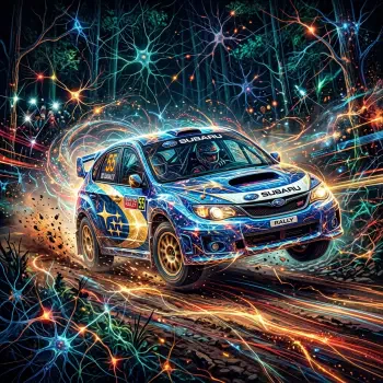 Colorful forum avatar/pfp showing a Subaru rally car mid-jump, neon energy trails and neuron-like sparks swirling across a dynamic dirt track — high-energy rallying profile image.