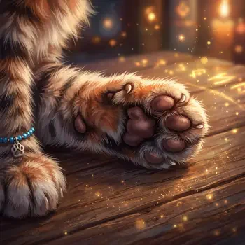 Close-up of a fluffy tabby paw with a beaded charm, warm sparkles on a wooden floor — stylized forum avatar/profile photo.