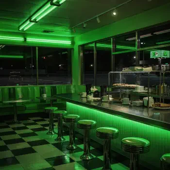 Profile avatar: neon-green retro diner interior with chrome counter stools, checkerboard floor and empty booths under glowing neon lights.