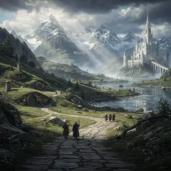 Middle Earth forum avatar: travelers walk a stone path past hobbit-holes along a river toward a white citadel beneath snow-capped mountains and sunlit clouds.
