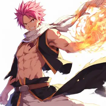 Anime forum avatar/pfp of Natsu Dragneel (Fairy Tail): pink-haired, scarf-wrapped, shirtless and grinning while conjuring a blazing, fiery fist.
