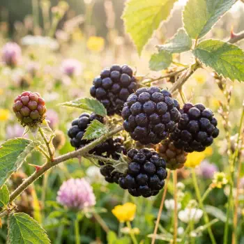 Forum avatar/pfp: close-up of ripe blackberries on a sunlit bramble with meadow wildflowers blurred in the background.