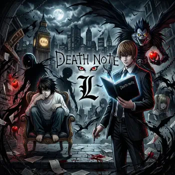 Forum avatar/pfp: Death Note artwork showing Light reading the Death Note, L seated, Ryuk looming above, an eerie city skyline with bats and blood-red apples.