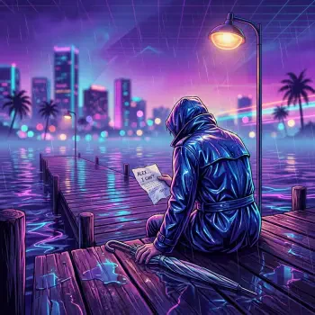 Forum avatar/pfp: hooded figure on a neon-lit rainy dock under a lamp, holding a note and umbrella — a lonely, sad mood.