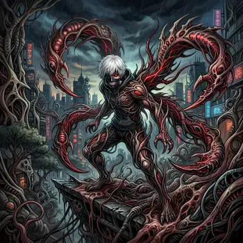 Tokyo Ghoul avatar: white-haired masked ghoul crouches on a rooftop as red kagune tendrils twist across a dark, neon-lit ruined city.