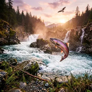 Forum avatar/pfp: vibrant salmon leaping from a rushing mountain river at sunrise, with forested waterfalls and a soaring bird overhead.