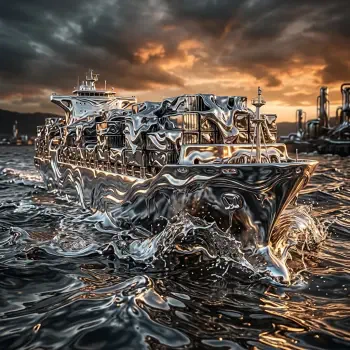 Stylized metallic container ship cutting glossy, liquid-like waves at sunset, rendered as a dramatic forum avatar/profile photo.