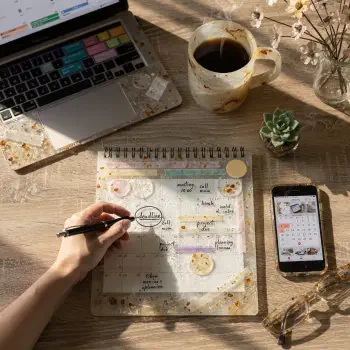Top-down photo of a planner/calendar being written on, with laptop, coffee cup, smartphone showing a calendar, glasses and succulent on a wooden desk — used as a forum avatar/pfp.