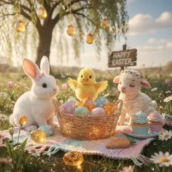 Cute Easter forum avatar/pfp: white bunny, yellow chick and lamb gathered around a basket of pastel eggs on a picnic blanket beneath a decorated tree.