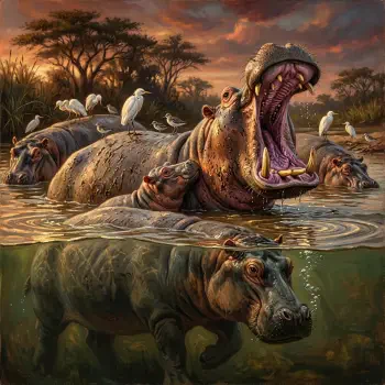Forum avatar of hippos in a golden swamp: a yawning adult with wide-open jaws, egrets on their backs, and a submerged hippo visible underwater.