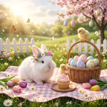 Cute Easter forum avatar/pfp: fluffy white bunny wearing a flower crown on a picnic blanket with chicks, pastel eggs in a basket and blooming trees.