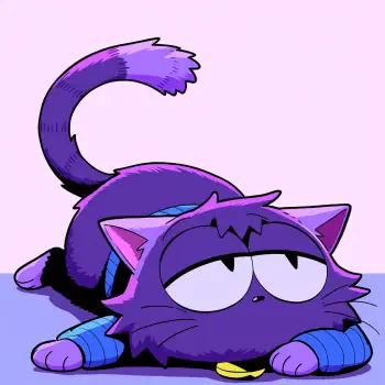 Forum avatar/pfp of CatNap from the Poppy Playtime video game: a purple, tired cartoon cat lying flat with droopy eyes, curled tail and blue-striped paws.