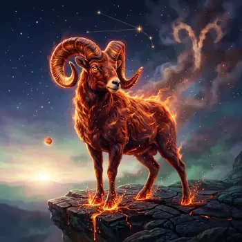 Fiery ram with molten hooves beneath the Aries constellation on a cracked cliff — stylized astrology forum avatar/pfp.