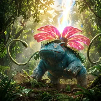 Forum avatar of Venusaur (Pokémon): Venusaur in a sunlit jungle, pink flower glowing atop its back and vines curling around it in a detailed, heroic portrait-style pfp.