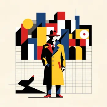 Stylized detective in a yellow trench coat and red hat standing before a geometric, grid-patterned cityscape — minimalist forum avatar/profile photo.