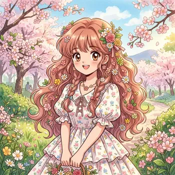 Spring forum avatar: smiling anime girl with long braided auburn hair, floral crown and dress, surrounded by cherry blossoms and a sunlit flowering meadow.