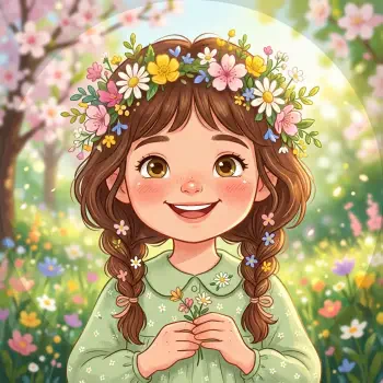 Cute spring-themed forum avatar of a smiling girl with braided hair and a daisy flower crown, holding small blossoms amid a bright meadow.