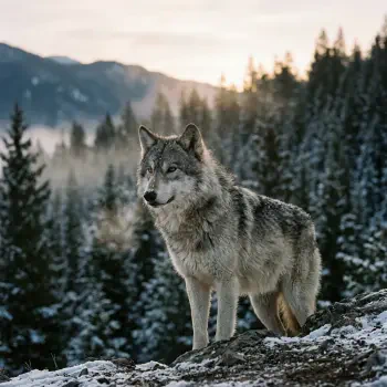 Forum avatar/pfp: gray wolf standing on a snowy ridge, with pine forest and misty mountains lit by sunrise.