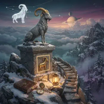 Forum avatar of Capricorn: a majestic mountain-goat statue on a snowy peak beneath its constellation and planets, with lantern, compass and a carved Capricorn emblem.