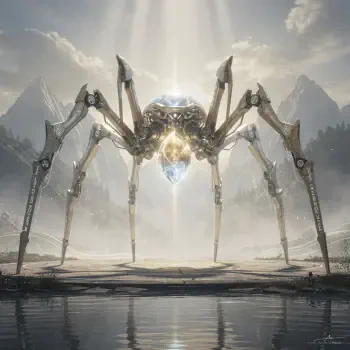 Forum avatar/pfp: gleaming spider mech with a crystalline core and articulated metallic legs reflected in still water before misty mountain peaks.