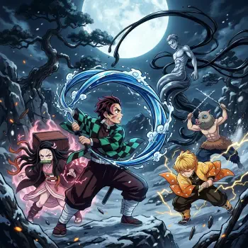 Forum avatar/pfp of Demon Slayer: Kimetsu no Yaiba — Tanjiro, Nezuko, Zenitsu and Inosuke unleashed with water and lightning beneath a full moon.