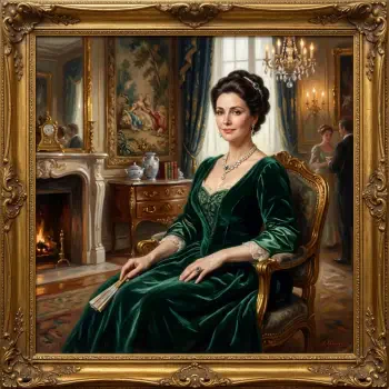 Oil painting portrait of a poised woman in an emerald velvet gown seated in an ornate chair in an opulent interior — presented as a framed forum avatar/pfp/profile photo.