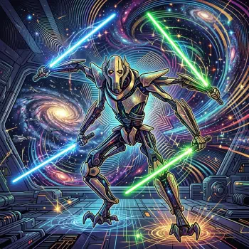 Forum avatar of General Grievous wielding four glowing lightsabers, posed dynamically against a swirling cosmic, neon galaxy background.