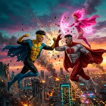 Forum avatar: Invincible-style showdown—blue-and-yellow hero and red-caped rival clash above a burning city while a pink energy heroine hovers nearby.