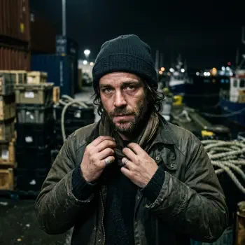 Forum avatar of a weathered man in a beanie and coat at a nighttime dock, adjusting his collar — smuggler persona.