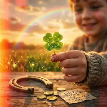Lucky forum avatar/pfp: smiling child holds a four-leaf clover over coins, a horseshoe and a Lucky Ticket on a sunlit table with a rainbow in the sky.