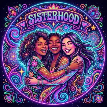 Vibrant forum avatar/pfp of three women embracing beneath a banner reading SISTERHOOD, surrounded by neon floral and swirling psychedelic patterns, all smiling.