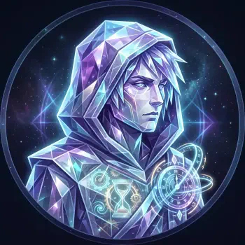 Forum avatar of a crystalline hooded Time Traveler — angular purple-blue portrait with glowing hourglass and orbiting clock motifs set against a starry geometric cosmos.