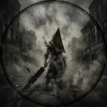 Forum avatar of Pyramid Head from Silent Hill: hulking figure in a rusted pyramid helmet carrying a massive blade, emerging through fog and debris in a ruined town within a circular vignette.