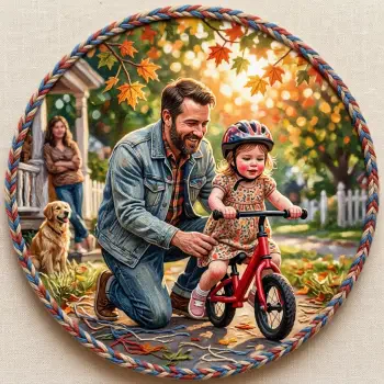 Forum avatar/pfp of a dad guiding his toddler on a red balance bike on an autumn street; golden light, family and dog in the background, round braided-frame portrait.