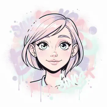 Pastel anime-style forum avatar/pfp/profile photo of a smiling young woman with short pink hair, large green eyes, subtle freckles and small earrings against soft watercolor splashes.