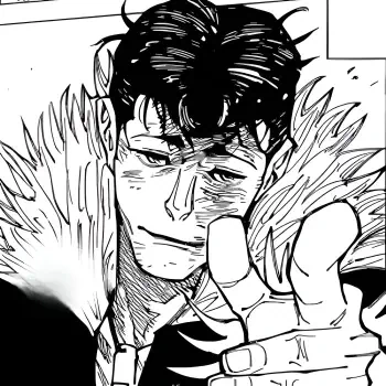 Black-and-white manga portrait of Ryu Ishigori from Jujutsu Kaisen — smirking in a fur-collared coat, hand reaching toward the viewer, cropped as a forum avatar/pfp.