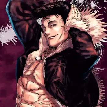 Manga-style pfp/forum avatar of Ryu Ishigori from Jujutsu Kaisen: smirking, open jacket revealing muscular torso and fur-trimmed collar against a dark red background.