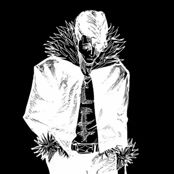 Monochrome black-and-white forum avatar of Ryu Ishigori from Jujutsu Kaisen, stylized anime portrait with spiked fur collar, cloak and brooding downward gaze.