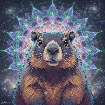 Stylized groundhog portrait with glowing mandala and starry background, shown as a colorful forum avatar/pfp.