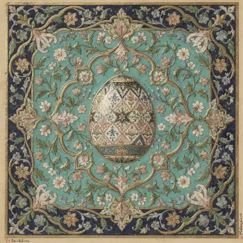 Easter forum avatar/pfp: ornate patterned egg centered on a teal and navy floral tapestry.