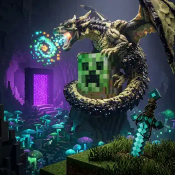 Minecraft forum avatar/pfp: epic scene of a dragon coiled around a giant Creeper head by a glowing Nether portal, luminescent mushrooms and a diamond-armed player in the foreground.