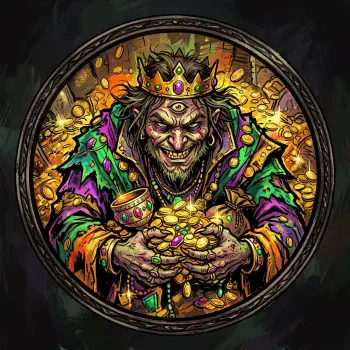 Greed-themed forum avatar/pfp: a crowned, manic hoarder clutching overflowing coins and jewels, eyes gleaming as he grins amidst a pile of gold.